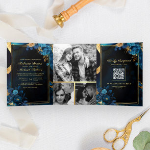 Koninklijk Blauw Gouden Bloem Marmer QR Code Huwel Drieluik Uitnodiging
