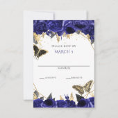 Koninklijk Blauw Gouden Bloem Vlinders Quinceanera RSVP Kaartje (Voorkant)