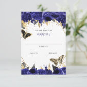 Koninklijk Blauw Gouden Bloem Vlinders Quinceanera RSVP Kaartje (Staand voorkant)