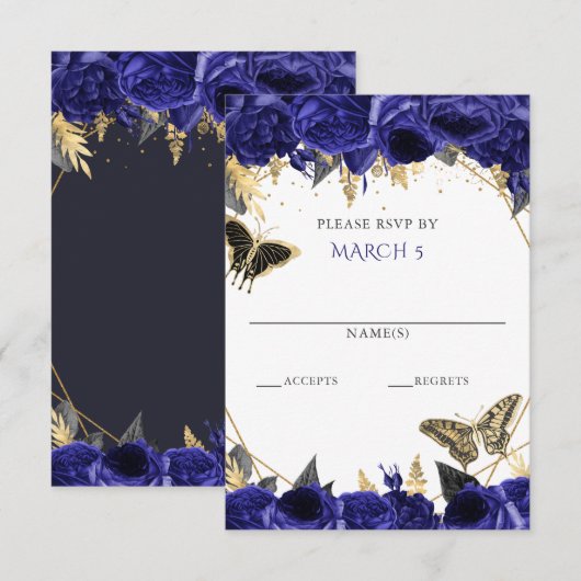 Koninklijk Blauw Gouden Bloem Vlinders Quinceanera RSVP Kaartje (Voorkant / Achterkant)