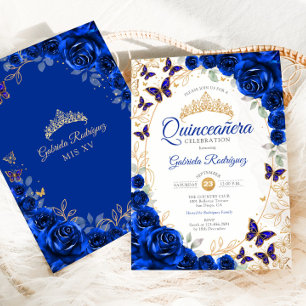 Koninklijk Blauw Gouden Bloemige Quinceanera Kaart