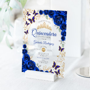 Koninklijk Blauw Gouden Bloemstuk Quinceanera Acryl Uitnodigingen