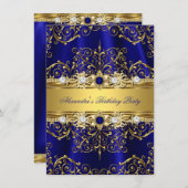 Koninklijk Blauw & Gouden Damast Elegant Verjaarda Kaart (Voorkant / Achterkant)