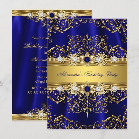 Koninklijk Blauw & Gouden Damast Elegant Verjaarda Kaart (Voorkant / Achterkant)