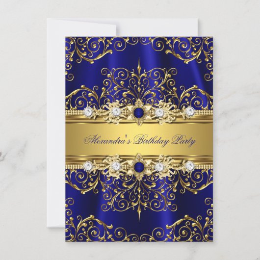 Koninklijk Blauw & Gouden Damast Elegant Verjaarda Kaart (Voorkant)