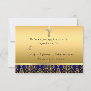Koninklijk Blauw & Gouden Damast Kruis Doop RSVP Kaartje