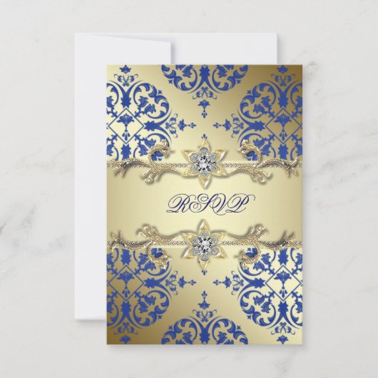 Koninklijk Blauw Gouden Damast RSVP Kaartje (Voorkant)