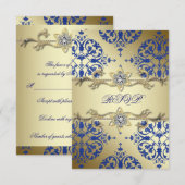 Koninklijk Blauw Gouden Damast RSVP Kaartje (Voorkant / Achterkant)