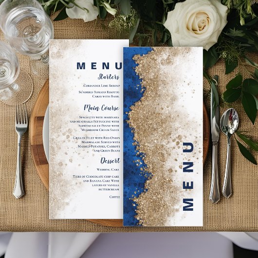 Koninklijk Blauw Gouden Formele Luxe Trouwreceptie Menu
