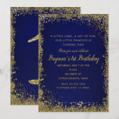 Koninklijk Blauw & Gouden Glitter Glam 1e Verjaard Kaart (Voorkant / Achterkant)