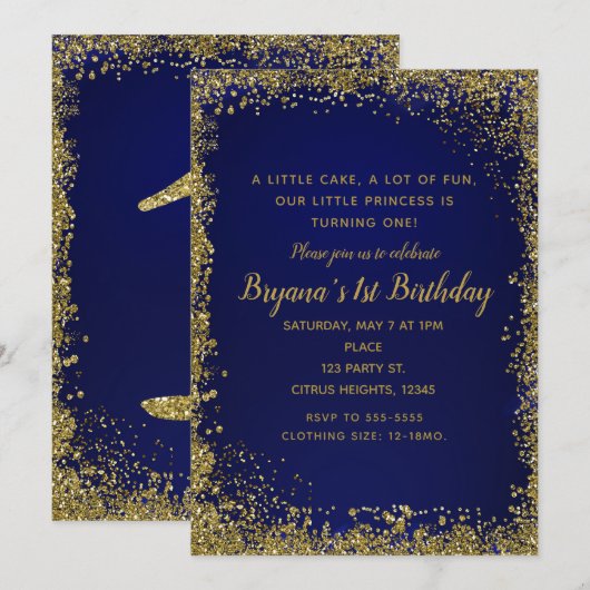 Koninklijk Blauw & Gouden Glitter Glam 1e Verjaard Kaart (Voorkant / Achterkant)