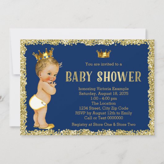 Koninklijk Blauw Gouden Glitter Prins Baby Shower Kaart (Voorkant)