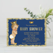 Koninklijk Blauw Gouden Glitter Prins Baby Shower Kaart (Staand voorkant)