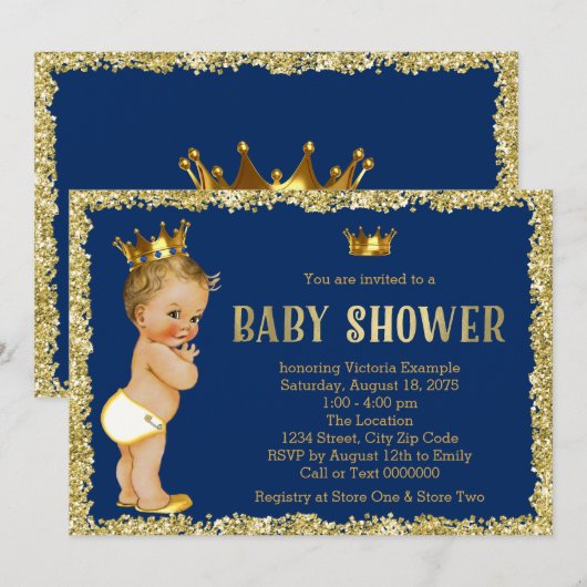 Koninklijk Blauw Gouden Glitter Prins Baby Shower Kaart (Voorkant / Achterkant)