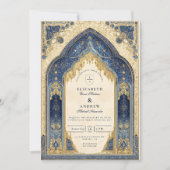 Koninklijk Blauw Gouden Islamitische Bruiloft Kaart (Voorkant)