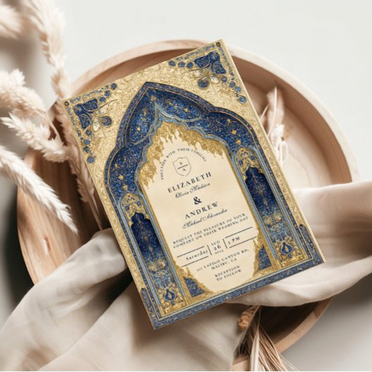 Koninklijk Blauw Gouden Islamitische Bruiloft Kaart
