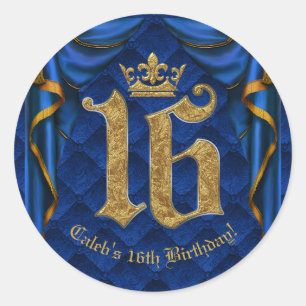 Koninklijk Blauw & Gouden Kroon 16 16e Verjaardags Ronde Sticker