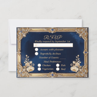 Koninklijk Blauw Gouden Kroon Parel Elegant Luxe RSVP Kaartje