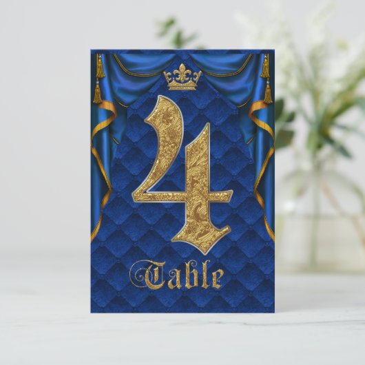 Koninklijk Blauw Gouden Kroon Trouwtafel Nummer 4 Kaart (Staand voorkant)