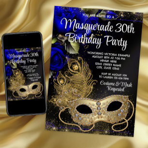 Koninklijk Blauw Gouden Maskerade Feest Kaart