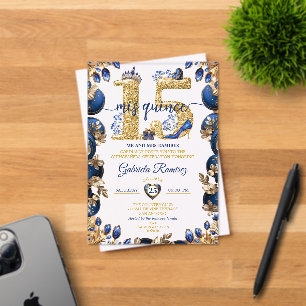 Koninklijk Blauw Gouden Mis Quince 15 Quinceañera Acryl Uitnodigingen
