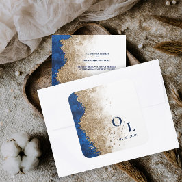 Koninklijk Blauw Gouden Monogram Beginletters Trou Vierkante Sticker