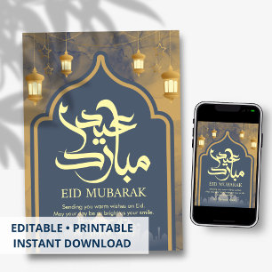 Koninklijk Blauw & Gouden Moskee Boog Eid Mubarak  Feestdagenkaart