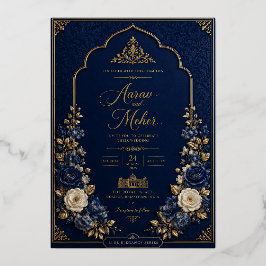 Koninklijk Blauw & Gouden Paleis Huwelijksuitnodig Folie Uitnodiging