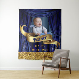 Koninklijk Blauw Gouden Prins Gefeliciteerd met je Wandkleed