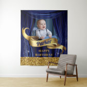 Koninklijk Blauw Gouden Prins Gefeliciteerd Wandkleed (In situ)