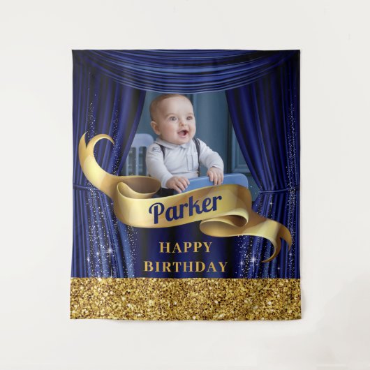 Koninklijk Blauw Gouden Prins Gefeliciteerd Wandkleed (Voorkant)