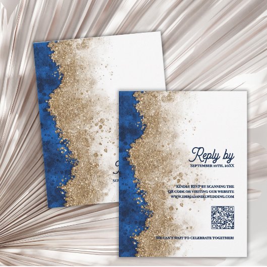 Koninklijk Blauw Gouden QR Code Luxe Trouwreactie  RSVP Kaartje