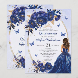 Koninklijk Blauw & Gouden Quinceañera Uitnodiging