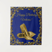 Koninklijk Blauw Gouden Schoen Verjaardagsfeest M  Wandkleed (Voorkant)