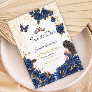 Koninklijk Blauw Gouden Tiara Rozen Quinceañera Save The Date