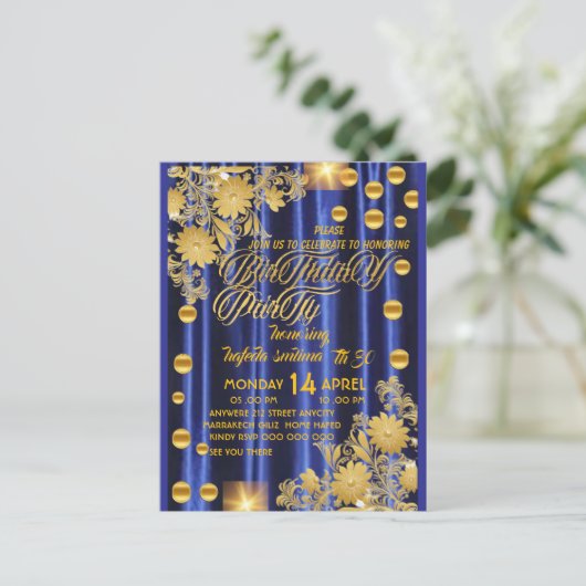 Koninklijk Blauw Gouden Verjaardagsfeest Uitnodigi Briefkaart (Staand voorkant)