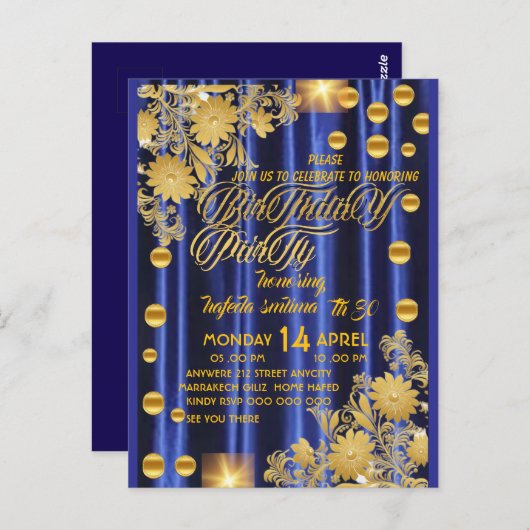 Koninklijk Blauw Gouden Verjaardagsfeest Uitnodigi Briefkaart (Voorkant / Achterkant)