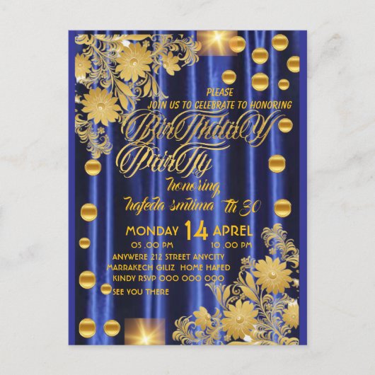 Koninklijk Blauw Gouden Verjaardagsfeest Uitnodigi Briefkaart (Voorkant)