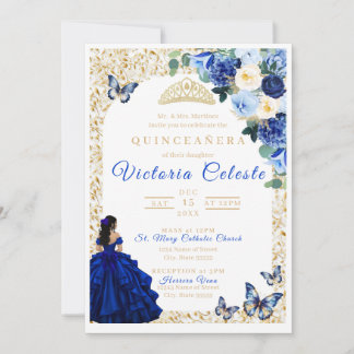 Koninklijk Blauw Gouden Vlinder Bloemige Quinceañe