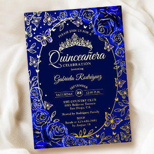 Koninklijk Blauw Gouden Vlinders Rozen Quinceanera Folie Uitnodiging