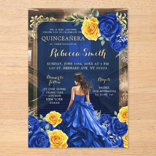 Koninklijk Blauw Grand Palace Quinceañera Prinses Acryl Uitnodigingen (Voorkant)