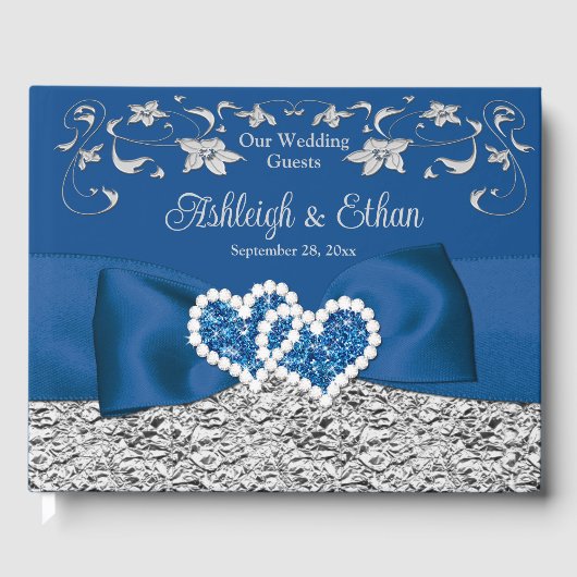 Koninklijk Blauw, Grijs Liefdesharten Bruiloft Gastenboek (Voorkant)