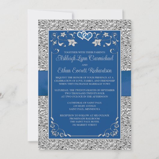 Koninklijk Blauw, Grijs Liefdesharten Uitnodiging  (Achterkant)