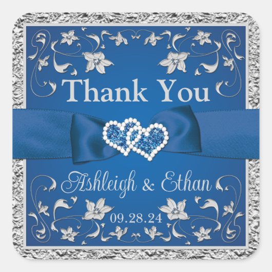 Koninklijk Blauw, Grijs Twee Harten, Één Liefde Vierkante Sticker (Voorkant)