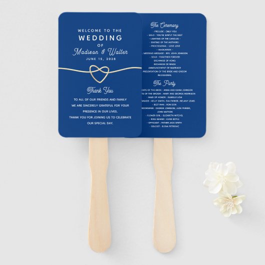 Koninklijk Blauw Huwelijksprogramma Handwaaier (Voorkant en achterkant)