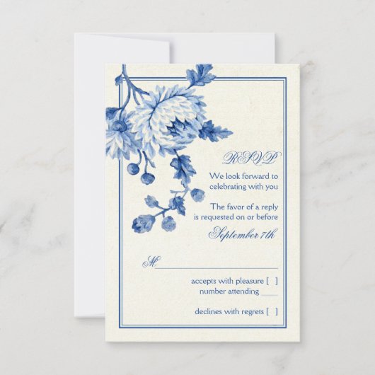 Koninklijk Blauw Ivory Toile Bloem Bruiloft RSVP A Kaart (Voorkant)