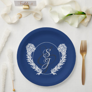 Koninklijk Blauw Klassiek Monogram Bruiloft Papieren Bordje
