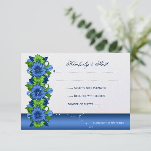 Koninklijk Blauw Lime Groen Bloemmotief RSVP Kaart (Staand voorkant)