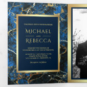 Koninklijk Blauw Marmer Faux Gouden Folie Foto Bru Drieluik Uitnodiging (Binnenzijde eerst)