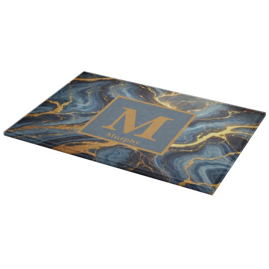 Koninklijk blauw marmer met gouden aderen monogram snijplank (Hoek)